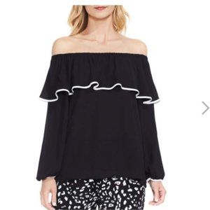 Vince Camuto Off the Shoulder Ruffled Top Black with White Piping   Size XS